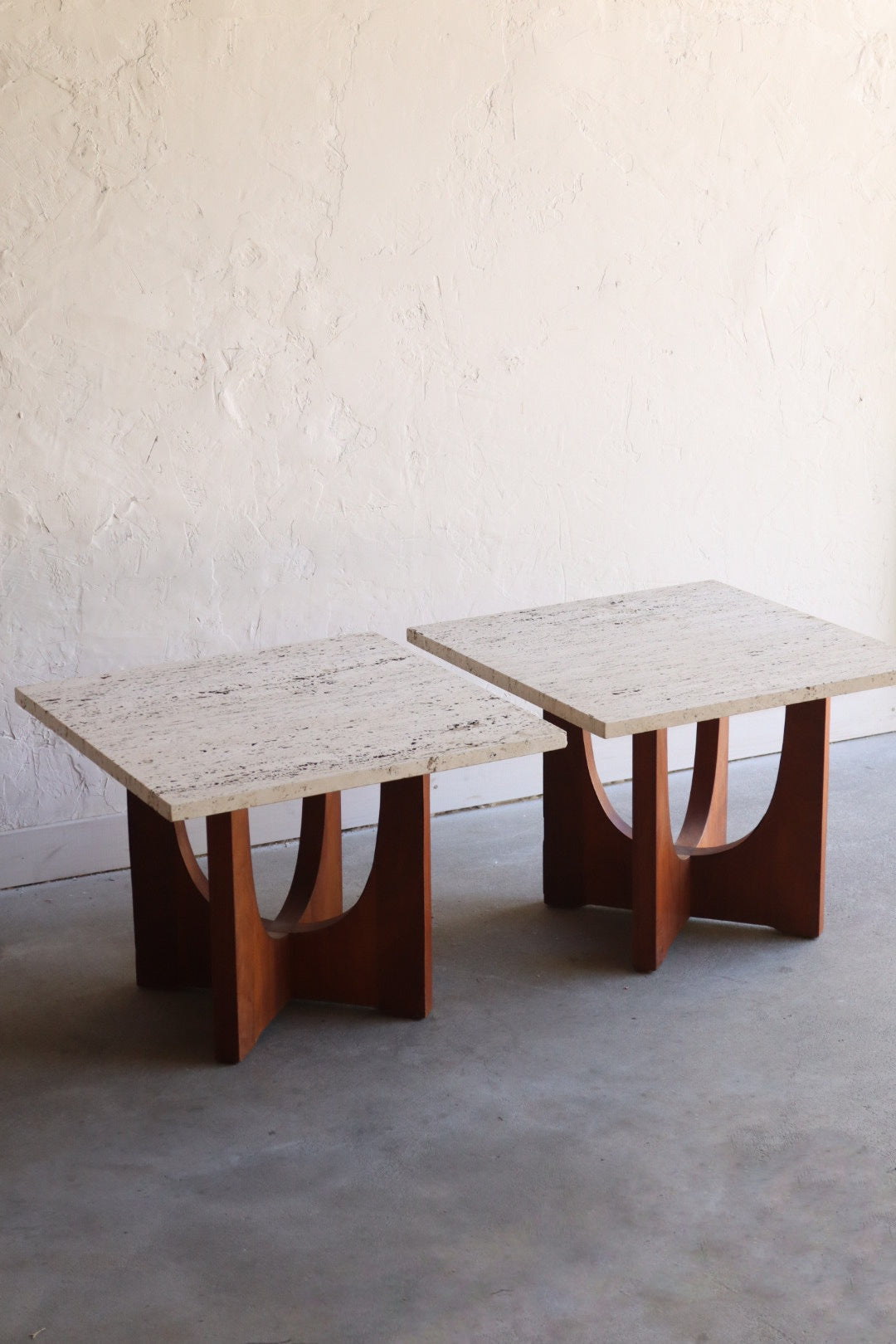 Travertine & Walnut Side Tables (pair)