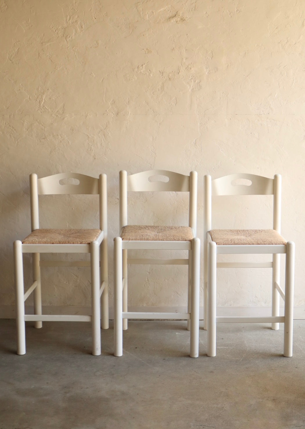 Set of 3 Wood and Rush Counter Stools