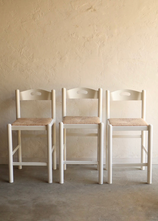 Set of 3 Wood and Rush Counter Stools