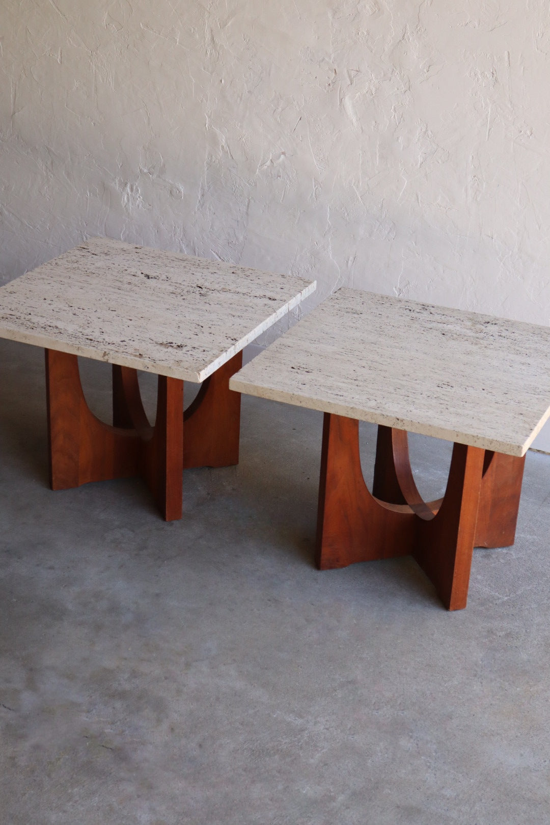 Travertine & Walnut Side Tables (pair)