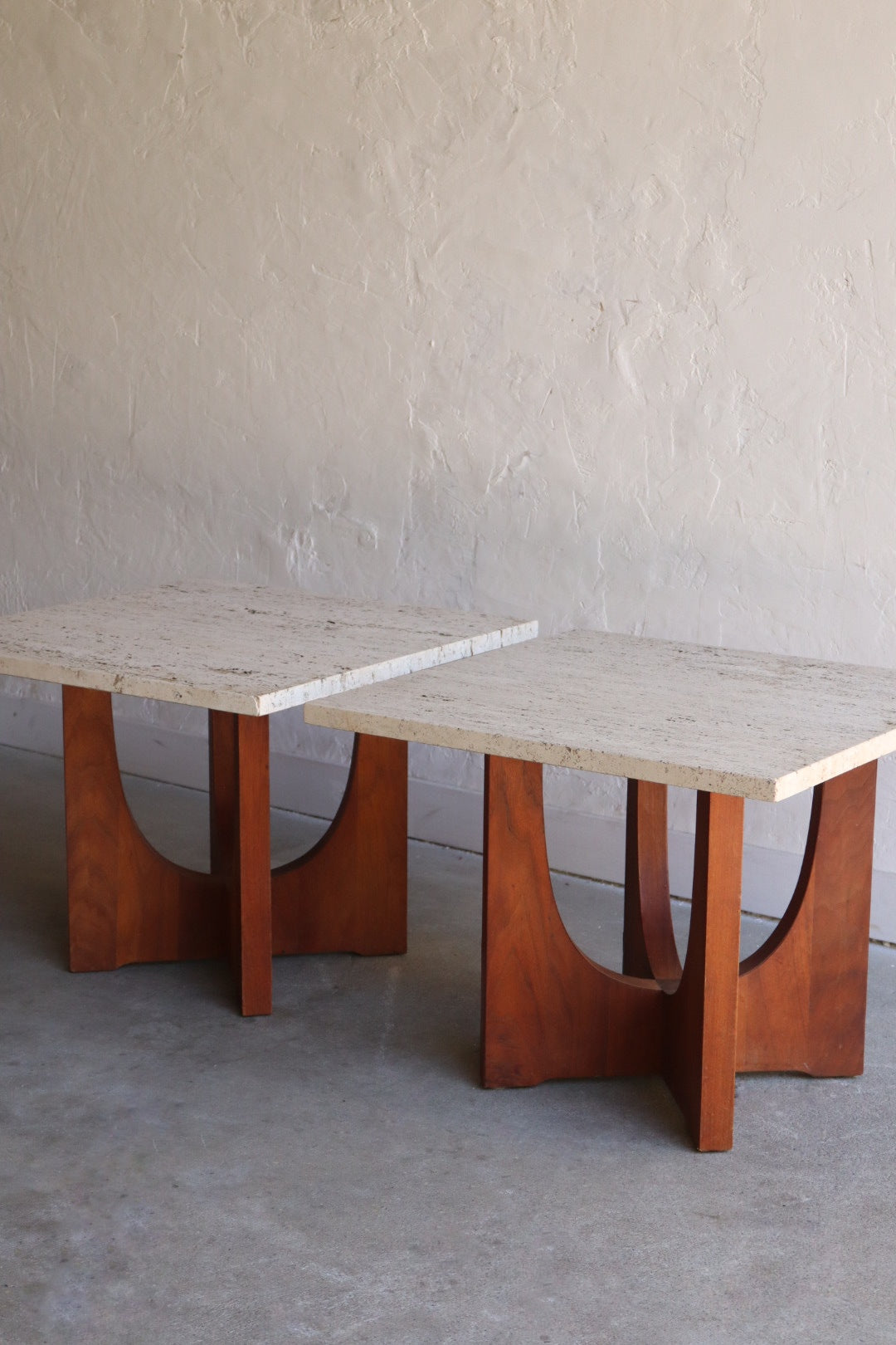 Travertine & Walnut Side Tables (pair)