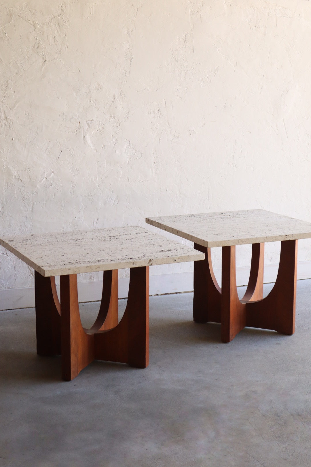 Travertine & Walnut Side Tables (pair)