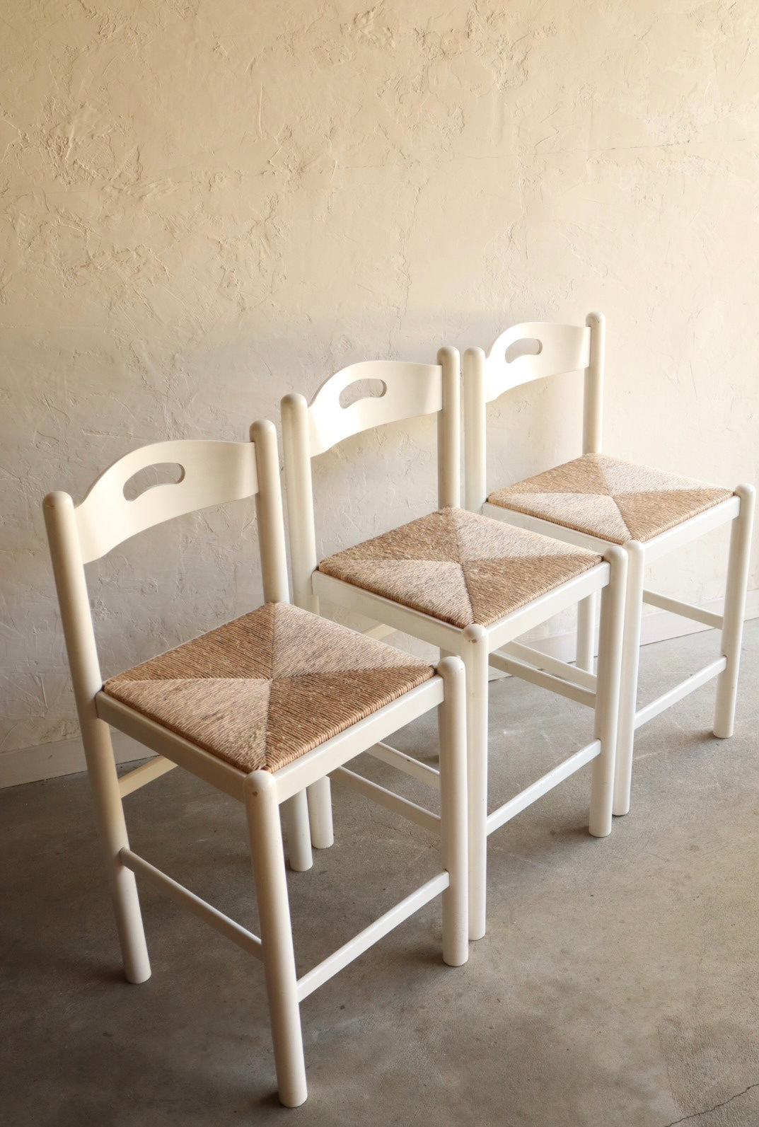 Set of 3 Wood and Rush Counter Stools