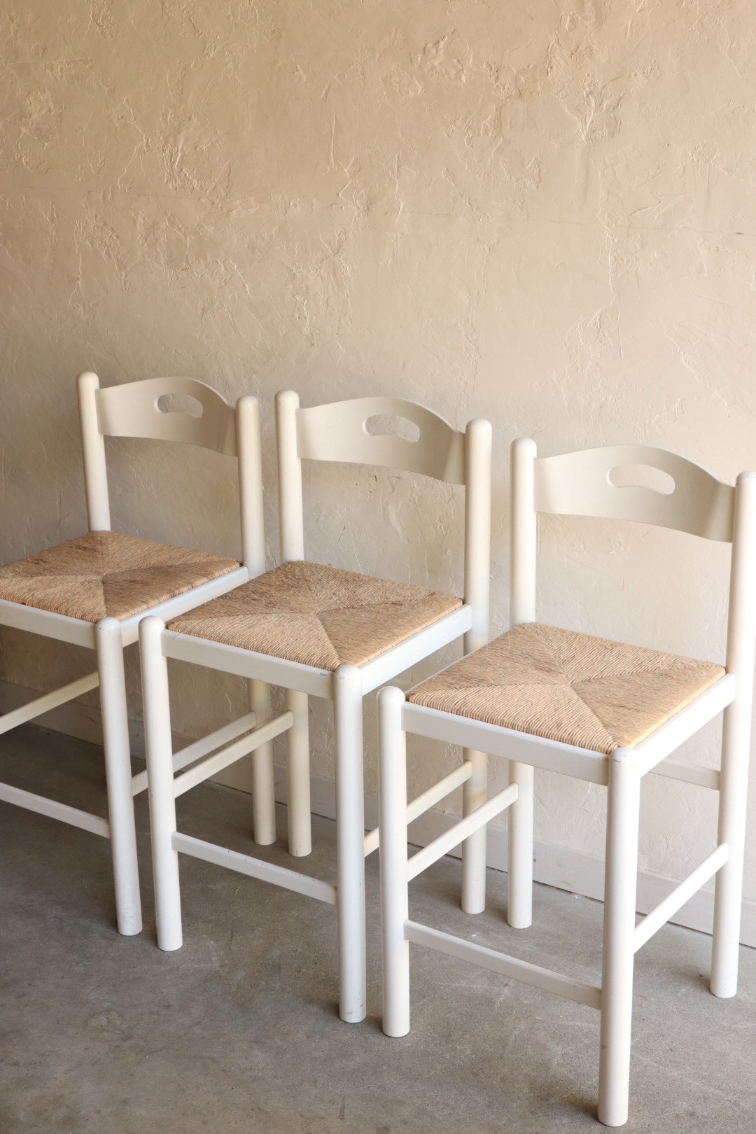 Set of 3 Wood and Rush Counter Stools