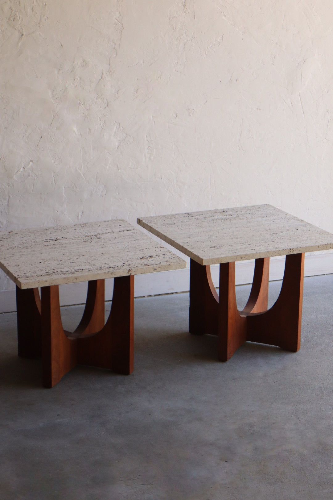 Travertine & Walnut Side Tables (pair)