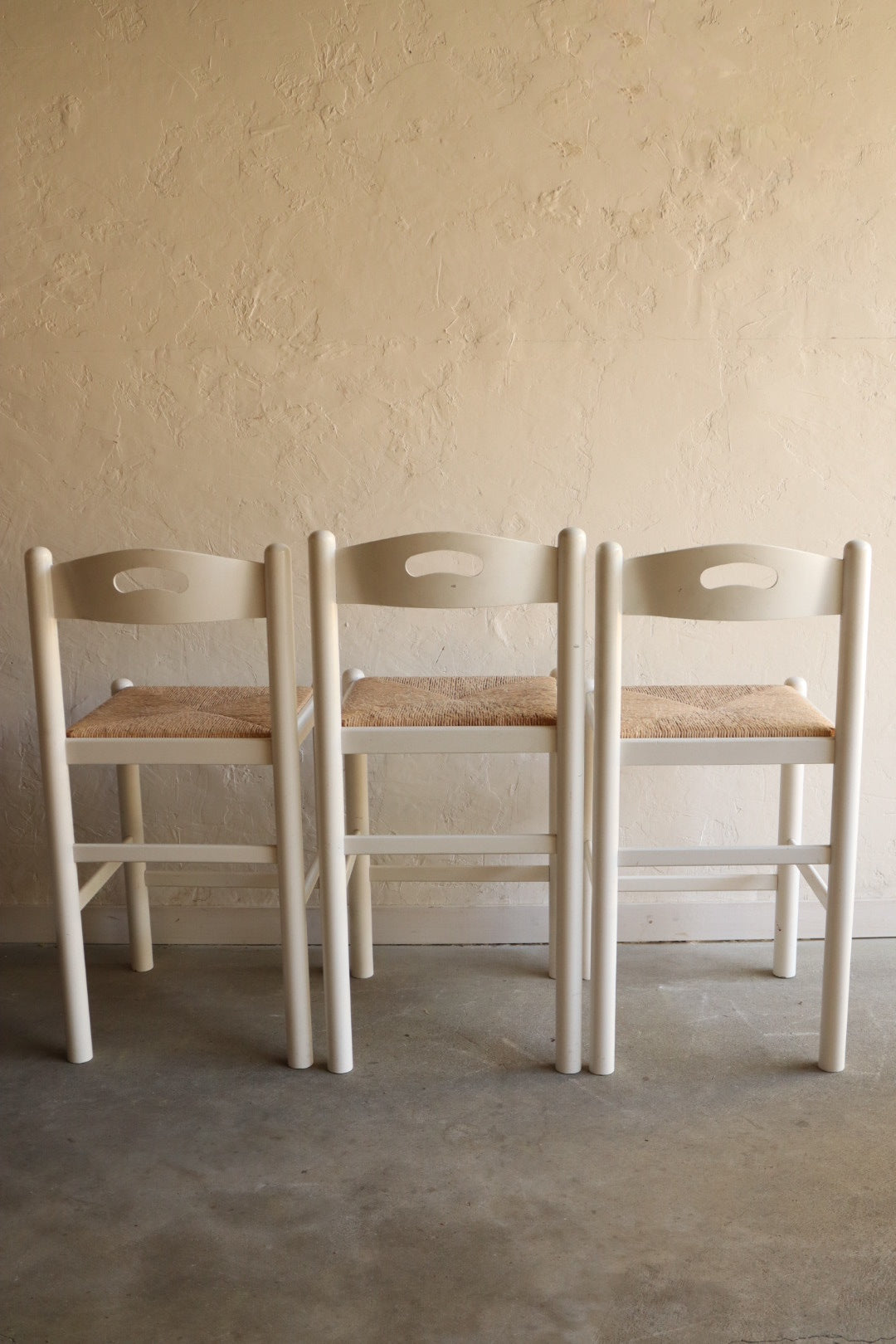 Set of 3 Wood and Rush Counter Stools