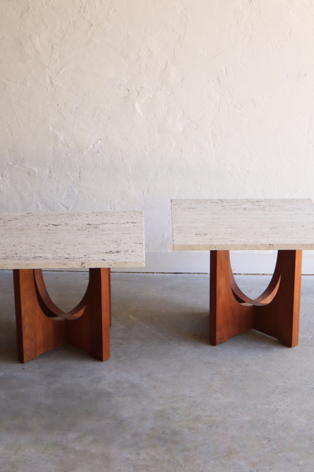 Travertine & Walnut Side Tables (pair)