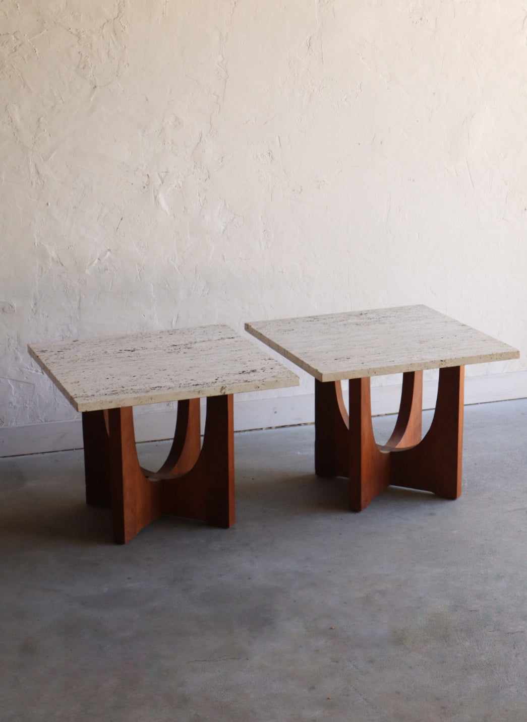 Travertine & Walnut Side Tables (pair)