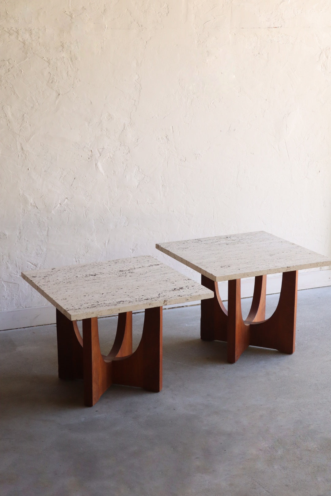 Travertine & Walnut Side Tables (pair)