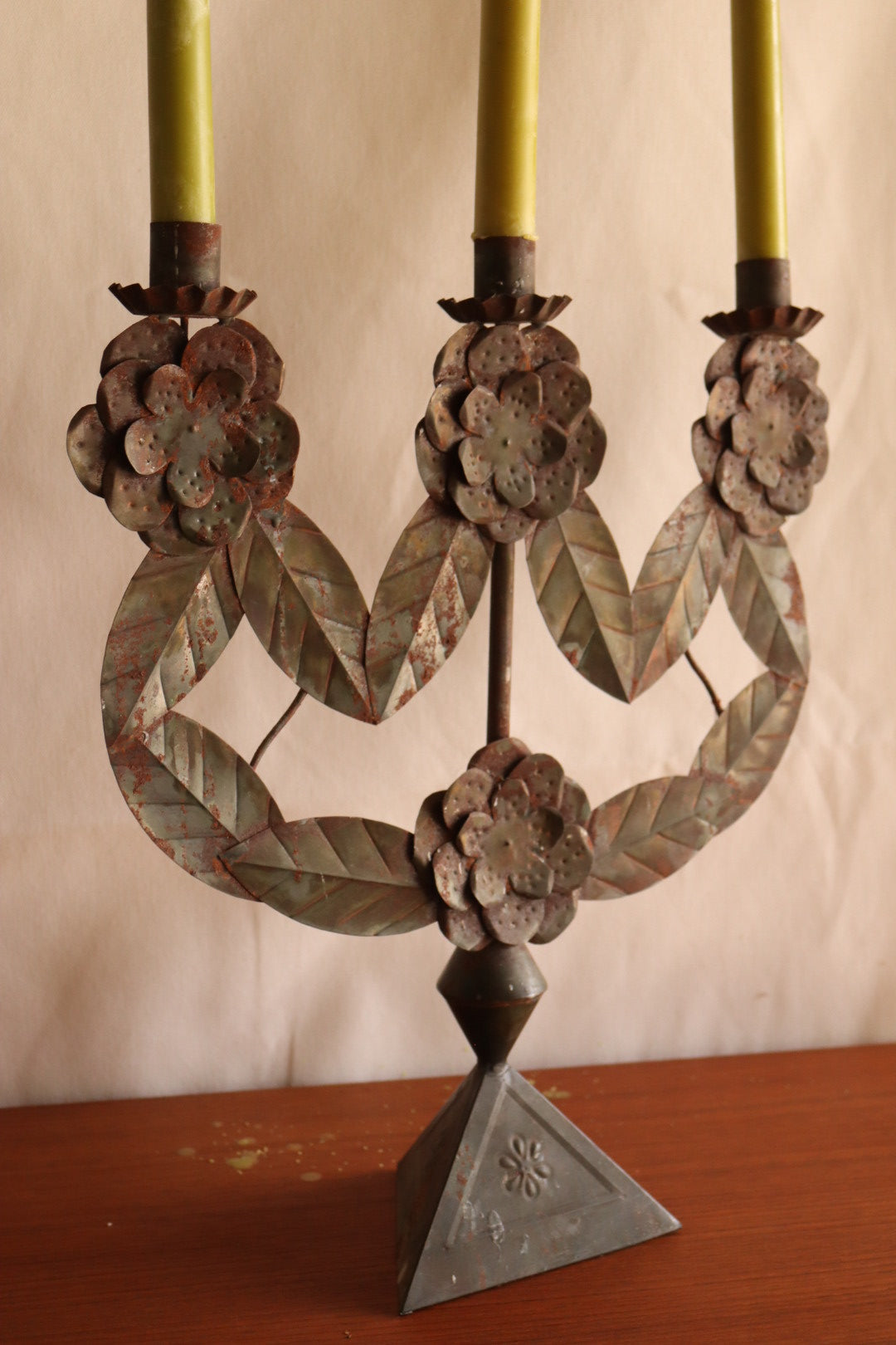 Hammered Metal Folk Art Candelabra