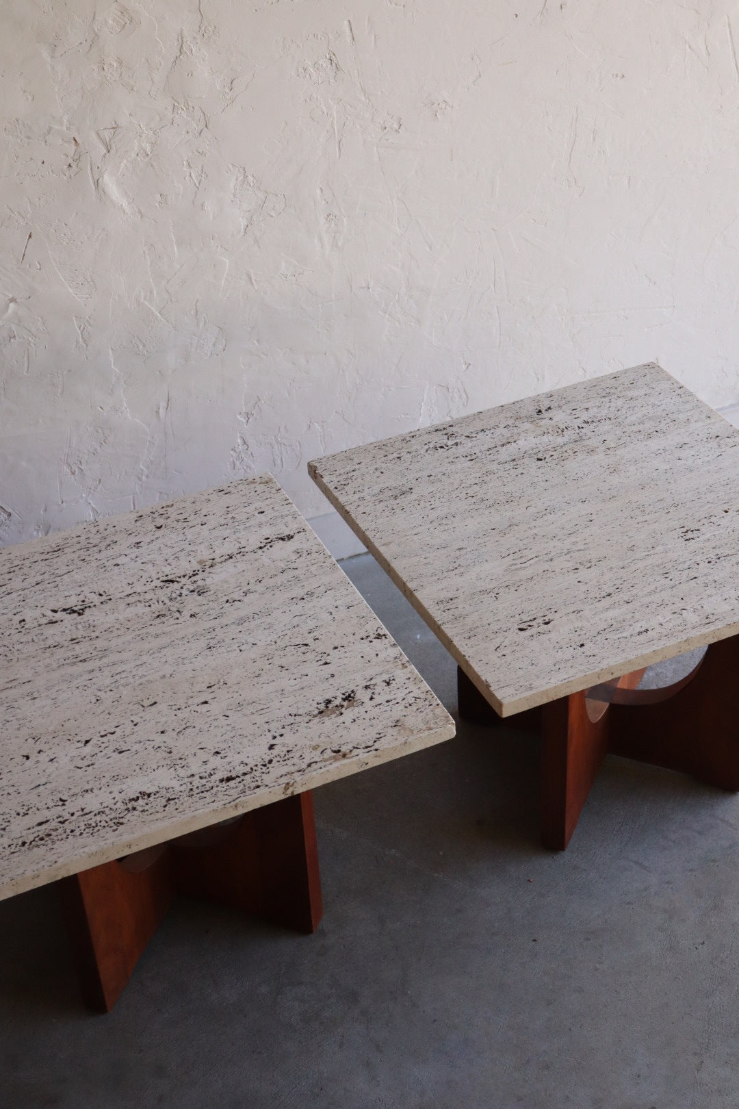 Travertine & Walnut Side Tables (pair)