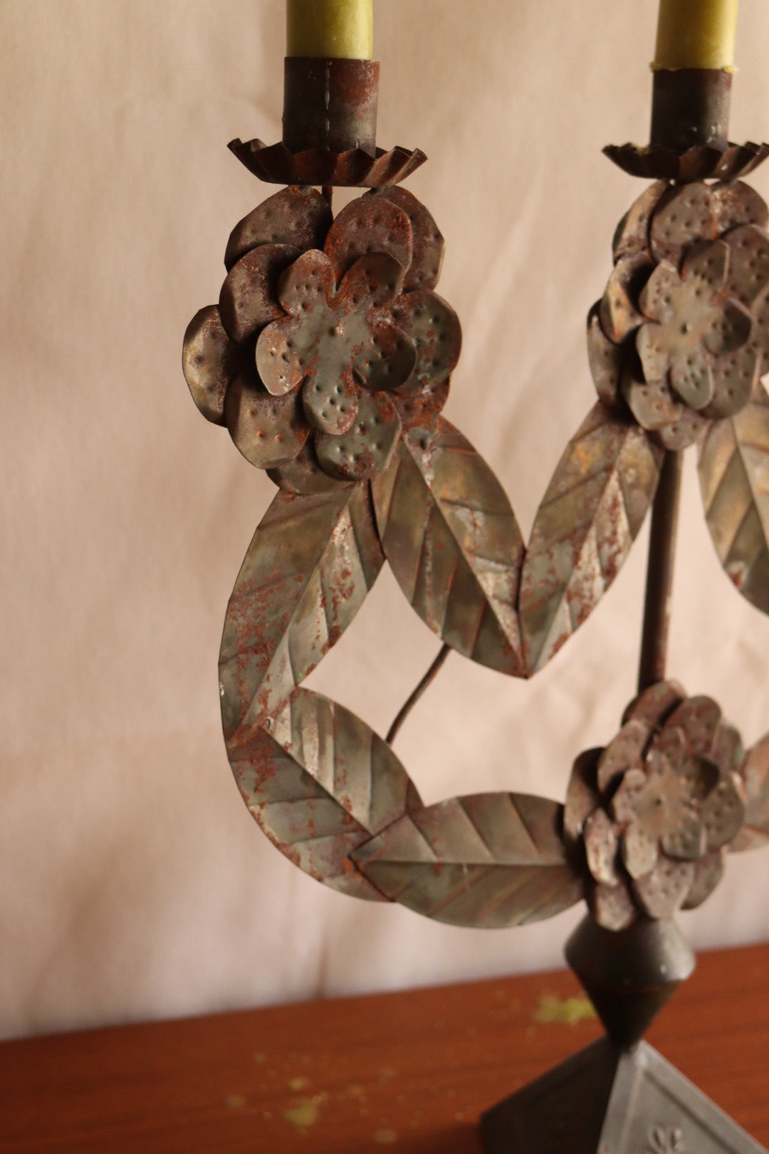 Hammered Metal Folk Art Candelabra