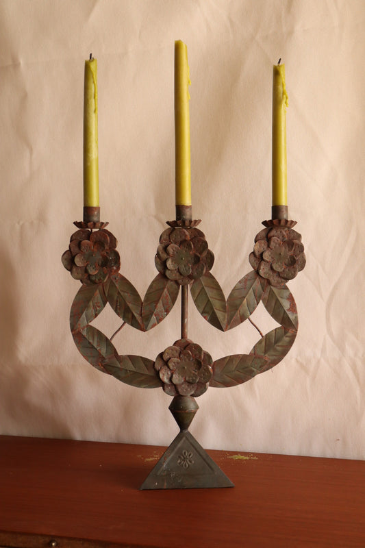 Hammered Metal Folk Art Candelabra