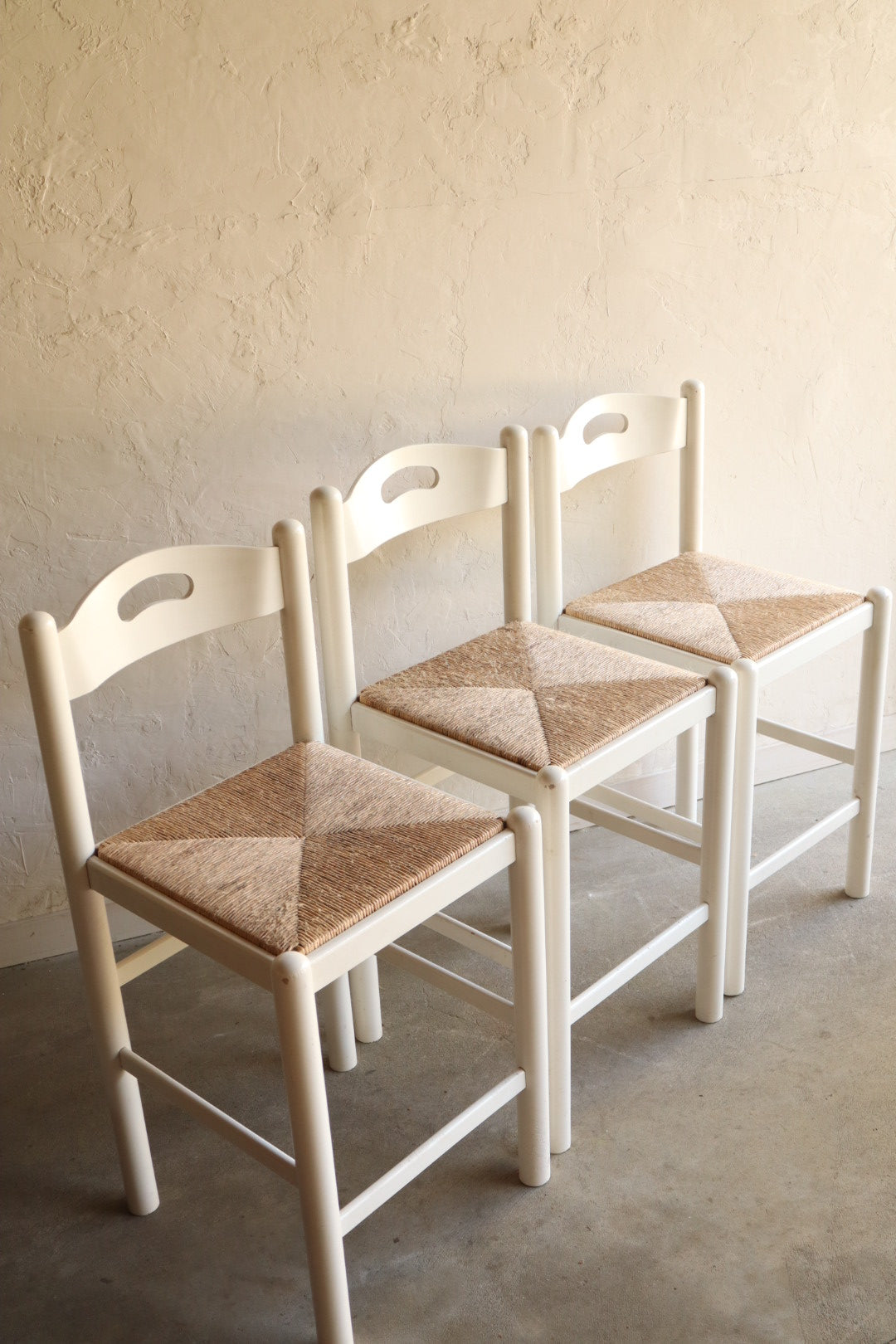 Set of 3 Wood and Rush Counter Stools
