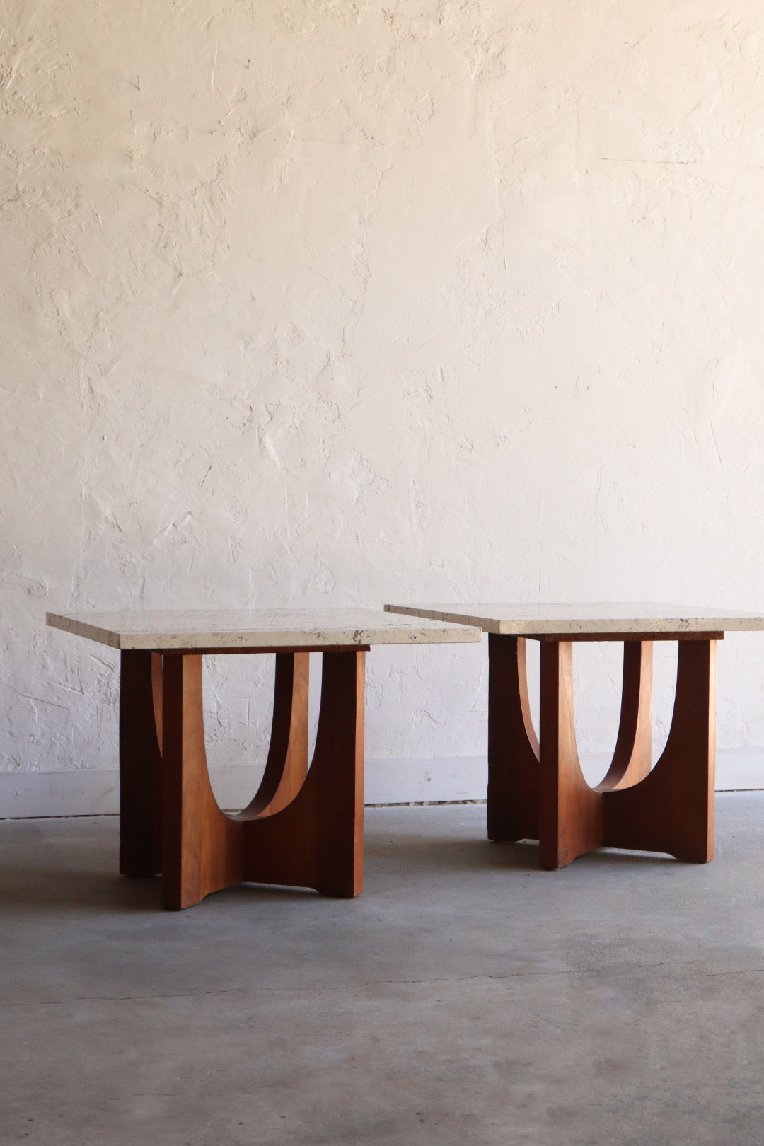 Travertine & Walnut Side Tables (pair)