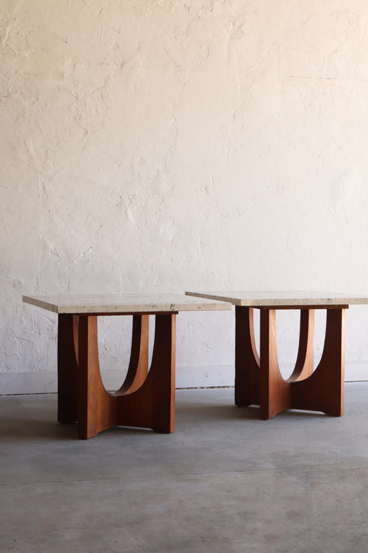 Travertine & Walnut Side Tables (pair)