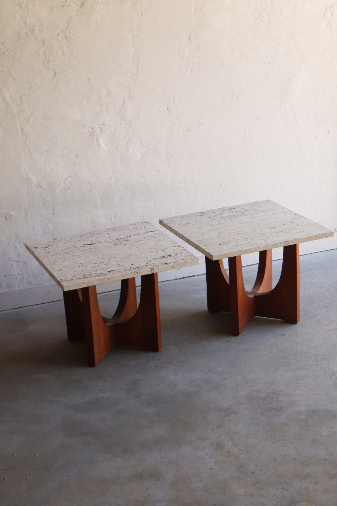 Travertine & Walnut Side Tables (pair)