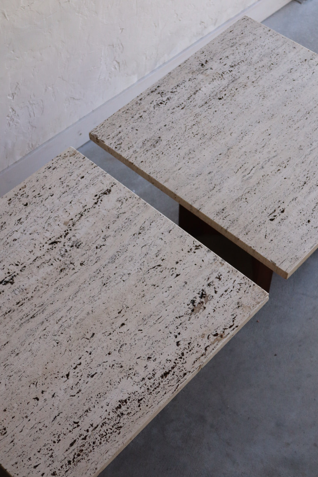 Travertine & Walnut Side Tables (pair)